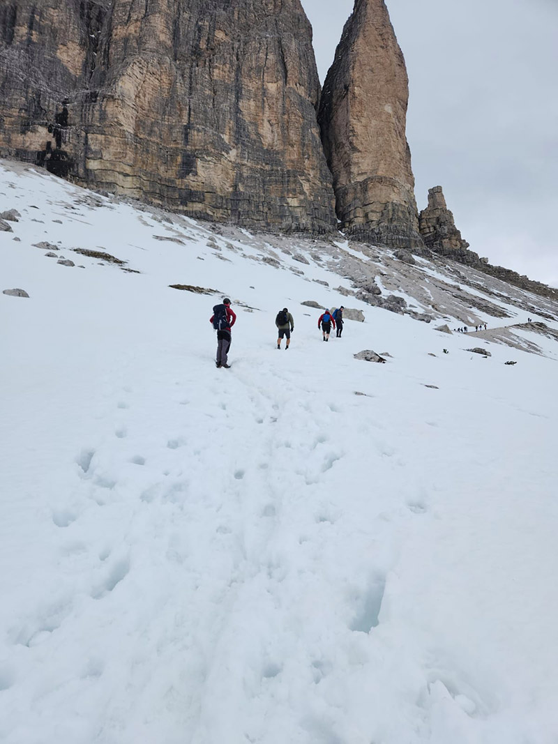 Tre Cime di Lavaredo, Tre Cime di Lavaredo (Three Peaks) Trail from Lago d&#8217;Antorno, Dolomites UNESCO World Heritage, Welsh Man Walking